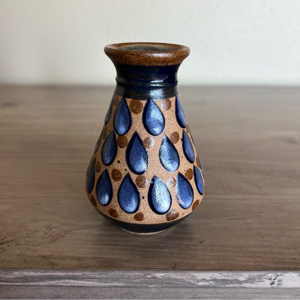 Mexico Clay Mini Vase Mexican Hand Painted Blue Tear Drop Design 3 7/8”H